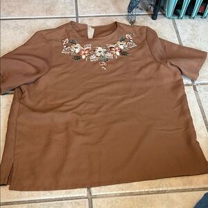 Floral Embroidered Brown Blouse